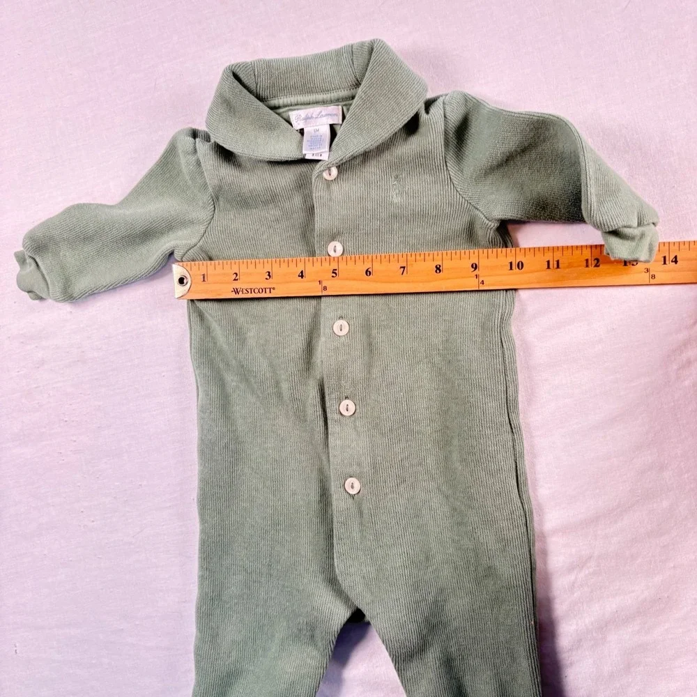 Ralph Lauren Ribbed Knit Coverall‎ Baby 6M Green Excellent Shawl Collar Romper
